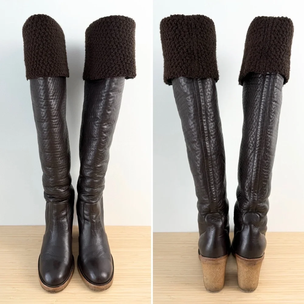 CHANEL Over The Knee Winter Boots Brown Sz 40